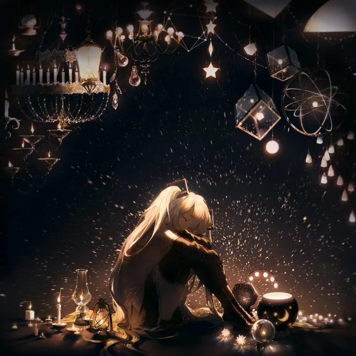 1girl,detached_sleeves,crossed_arms,light,light_particles,bangs,solo,closed_eyes,twintails,glowing,chandelier,sitting,hair_ornament,very_long_hair,hugging_own_legs,knees_up,sleeveless,sleeveless_shirt,star_symbol,dark,light_bulb,lantern,candlelight,white_shirt,pleated_skirt,skirt,vertical,zettai_ryouiki,candle,shirt,thighhighs,miniskirt,long_hair,boots,thigh_boots,black_skirt,black_thighhighs,black_footwear