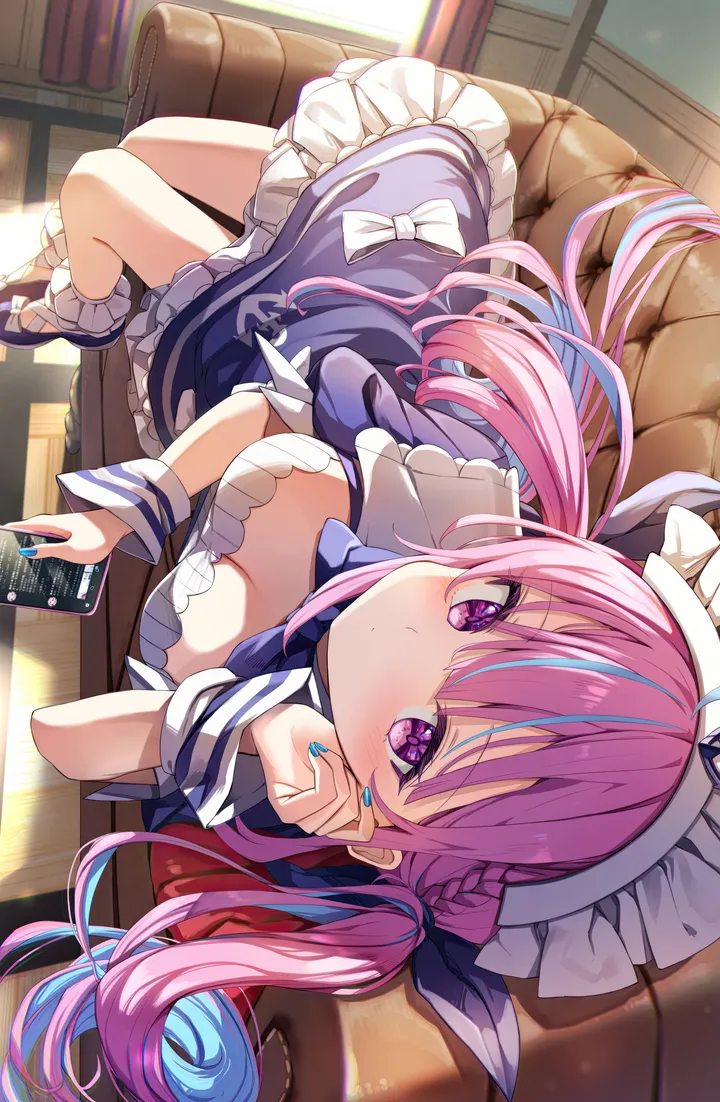 1girl,virtual_youtuber,braid,ribbon,medium_breasts,bookshelf,breasts,cleavage,on_back,on_side,colored_inner_hair,bangs,solo,two-tone_hair,twintails,ahoge,closed_mouth,on_couch,multicolored_hair,hair_ribbon,maid,maid_headdress,indoors,phone,holding_phone,holding,nail_polish,streaked_hair,smartphone,couch,white_bow,looking_at_viewer,short_sleeves,cellphone,window,vertical,pink_hair,wrist_cuffs,purple_hair,purple_eyes,blush,frills,frilled_dress,blue_ribbon,blue_hair,blue_nails,blue_dress,blue_footwear,puffy_short_sleeves,puffy_sleeves,bow,lying,dress,long_hair,sunlight,shoes