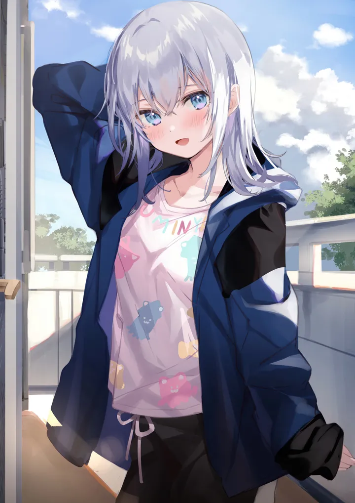 1girl,cowboy_shot,medium_hair,arm_up,cloud,hood,bangs,solo,arm_behind_head,sky,jacket,hair_between_eyes,open_mouth,outdoors,grey_hair,day,white_hair,white_shirt,looking_at_viewer,shorts,vertical,standing,smile,blush,blue_sky,blue_jacket,blue_eyes,shirt,sleeves_past_wrists,open_jacket,open_clothes,collarbone,long_hair,long_sleeves,black_shorts,black_pants