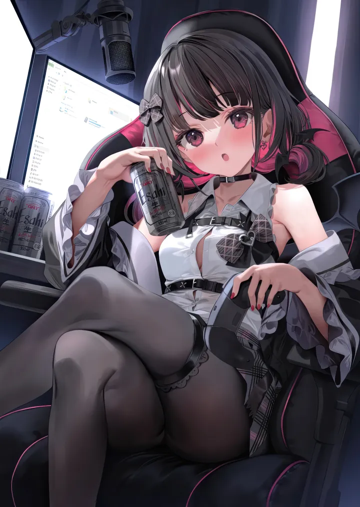 1girl,monster_energy,virtual_youtuber,medium_breasts,breasts,crossed_legs,colored_inner_hair,bangs,solo,feet_out_of_frame,two-tone_hair,twintails,beer_can,on_chair,sitting,multicolored_hair,thigh_strap,jacket,indoors,open_mouth,holding_can,holding,nail_polish,streaked_hair,sleeveless,sleeveless_shirt,can,monitor,collared_shirt,plaid,plaid_skirt,brown_pantyhose,chair,jewelry,white_shirt,belt,looking_at_viewer,short_hair,skirt,vertical,pink_hair,pink_eyes,red_nails,red_eyes,earrings,energy_drink,blush,frills,frilled_shirt,fang,bow,hair_bow,shirt,open_jacket,open_clothes,harness,pantyhose,miniskirt,collarbone,long_sleeves,bare_shoulders,off_shoulder,choker,bowtie,black_hair,black_jacket,black_skirt,black_bow,black_pantyhose,black_choker