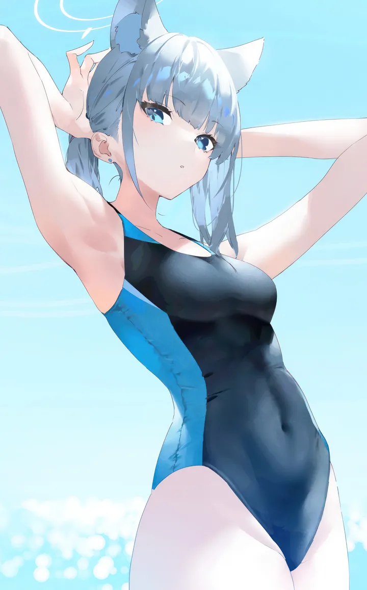 1girl,one-piece_swimsuit,cowboy_shot,mismatched_pupils,medium_breasts,medium_hair,arms_up,breasts,animal_ears,bangs,cross_hair_ornament,solo,arms_behind_head,multicolored_swimsuit,multicolored_clothes,halo,hair_ornament,swimsuit,grey_hair,looking_at_viewer,vertical,animal_ear_fluff,armpits,blue_eyes,blue_background,extra_ears,competition_swimsuit,covered_navel,ponytail,black_one-piece_swimsuit