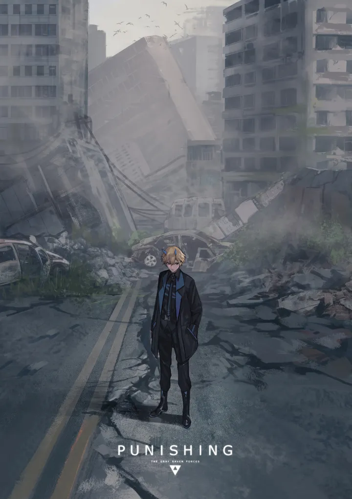 1boy,solo,hands_in_pockets,ground_vehicle,hair_over_one_eye,jacket,ruins,building,outdoors,collared_shirt,motor_vehicle,rubble,male_focus,looking_at_viewer,short_hair,vertical,standing,blue_eyes,blue_shirt,shirt,pants,open_clothes,road,blonde_hair,long_sleeves,necktie,black_jacket,black_pants,black_footwear