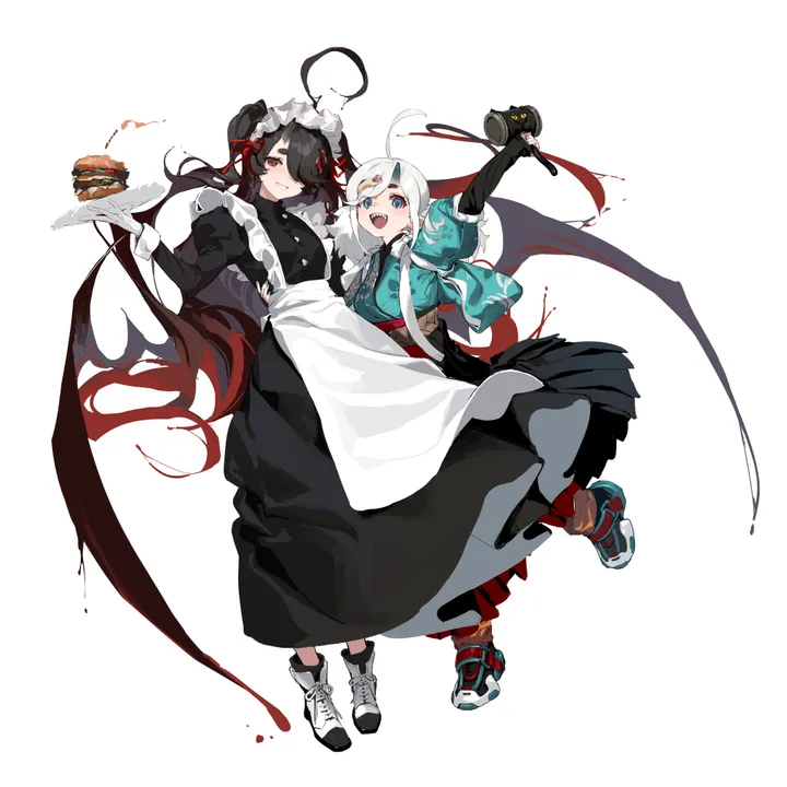 2girls,ahoge,apron,multiple_girls,multicolored_hair,hair_over_one_eye,maid,maid_apron,maid_headdress,open_mouth,very_long_hair,gloves,tray,holding_tray,holding,simple_background,cup,burger,teeth,white_hair,white_gloves,white_background,plate,looking_at_viewer,vertical,smile,red_hair,red_eyes,blue_eyes,puffy_sleeves,sneakers,dress,long_hair,shoes,food,black_hair,black_gloves,black_dress