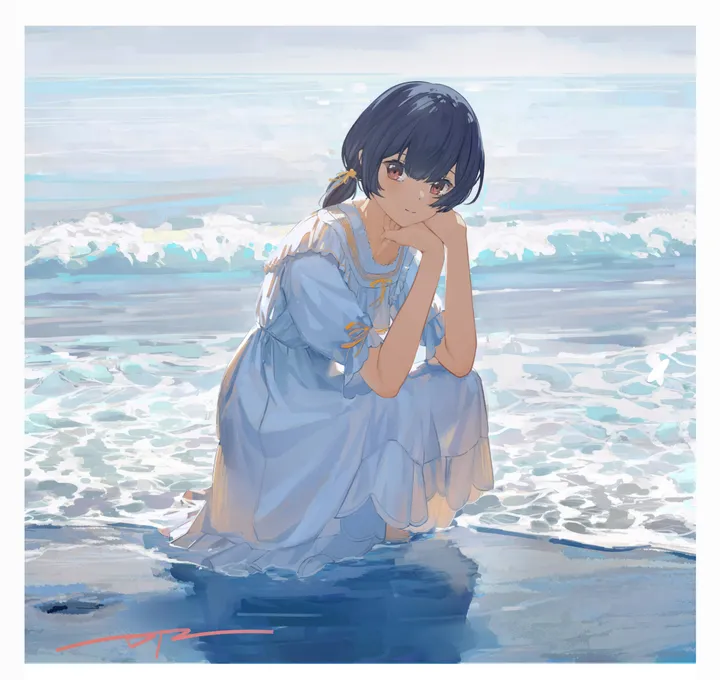 1girl,ribbon,bangs,solo,own_hands_together,twintails,closed_mouth,hair_ribbon,outdoors,head_rest,water,shallow_water,ocean,beach,white_dress,looking_at_viewer,short_hair,short_sleeves,vertical,smile,red_eyes,blush,frills,blue_hair,puffy_short_sleeves,puffy_sleeves,squatting,dress,black_hair