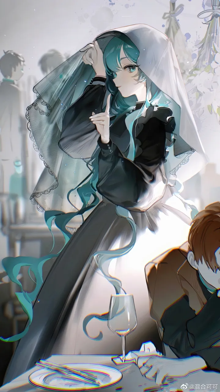 1girl,2boys,bangs,solo_focus,multiple_boys,very_long_hair,index_finger_raised,cup,table,aqua_hair,aqua_eyes,glass,plate,looking_at_viewer,vertical,wine_glass,blue_eyes,puffy_sleeves,dress,drinking_glass,long_hair,long_sleeves,veil,food,black_dress