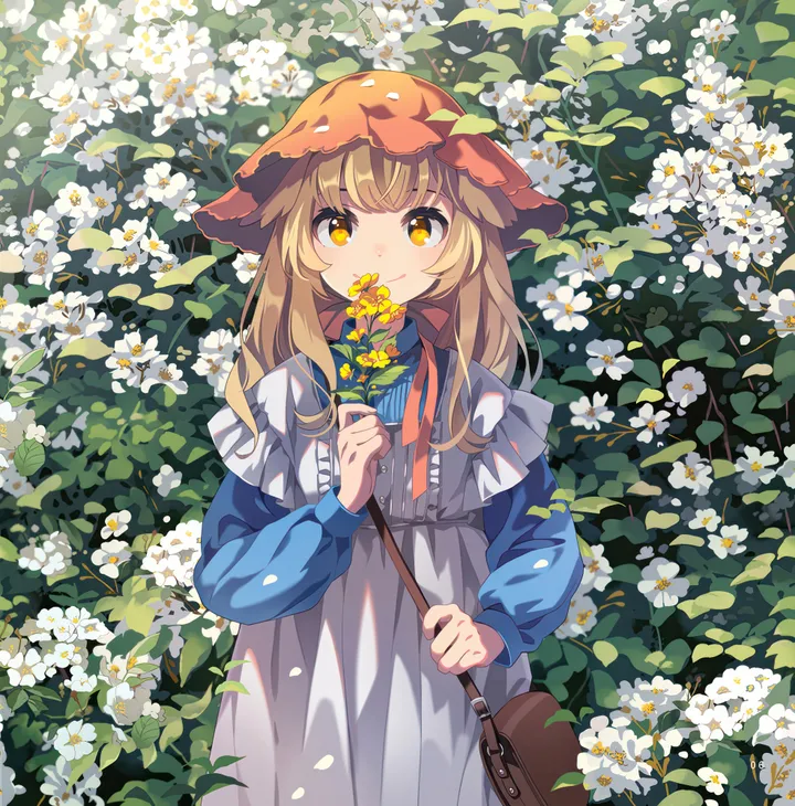 1girl,ribbon,bangs,bag,solo,shoulder_bag,closed_mouth,apron,hat,outdoors,holding,holding_flower,plant,orange_eyes,white_flower,white_dress,looking_at_viewer,vertical,standing,smile,red_headwear,frills,blue_shirt,blue_dress,shirt,dress,blonde_hair,long_hair,long_sleeves,flower,yellow_eyes,yellow_flower