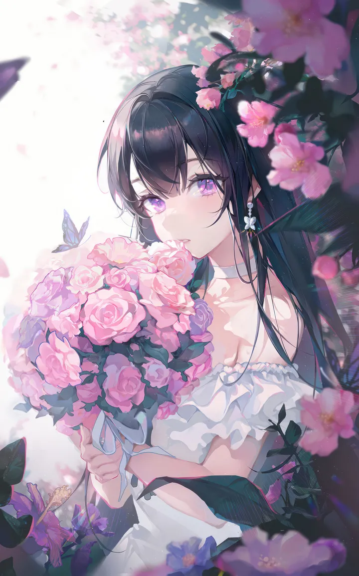 1girl,breasts,cleavage,upper_body,bangs,solo,hair_between_eyes,parted_lips,holding_bouquet,holding,blurry,rose,jewelry,white_dress,white_choker,looking_at_viewer,vertical,pink_flower,purple_eyes,earrings,bouquet,petals,frills,frilled_dress,bug,butterfly,dress,collarbone,long_hair,bare_shoulders,off_shoulder,off-shoulder_dress,choker,flower,black_hair