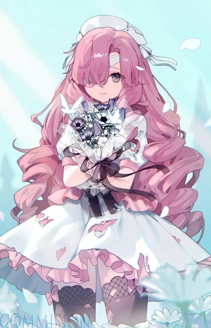 1girl,ribbon,bangs,solo,closed_mouth,hair_over_one_eye,very_long_hair,holding_bouquet,holding,grey_eyes,white_flower,white_dress,looking_at_viewer,short_sleeves,torn_clothes,vertical,smile,pink_hair,bandages,bouquet,petals,frills,blue_background,puffy_sleeves,bug,butterfly,bow,thighhighs,dress,drill_hair,long_hair,flower