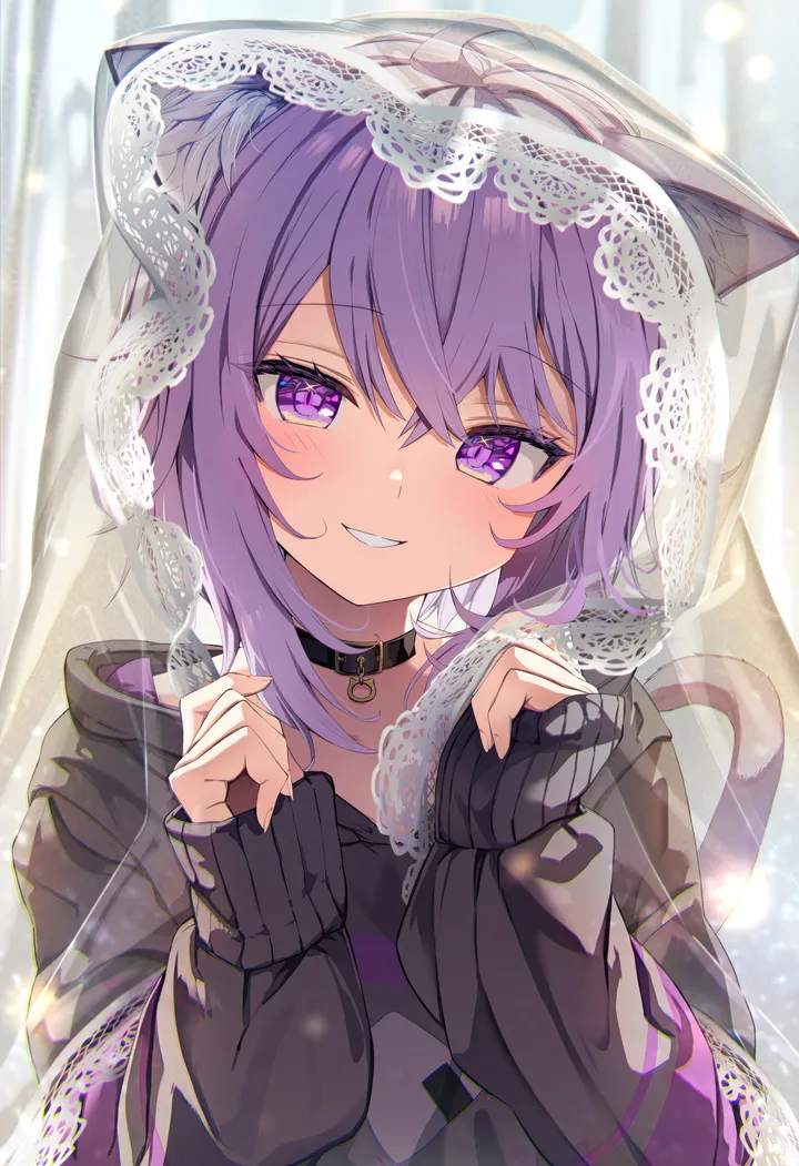 1girl,virtual_youtuber,crossed_bangs,upper_body,hood,animal_ears,bangs,solo,hands_up,ahoge,tail,hair_between_eyes,parted_lips,cat_girl,cat_tail,cat_ears,looking_at_viewer,short_hair,curtains,vertical,smile,purple_hair,purple_eyes,animal_ear_fluff,blush,sleeves_past_wrists,hoodie,long_sleeves,grin,veil,choker,collar,black_collar,black_hoodie