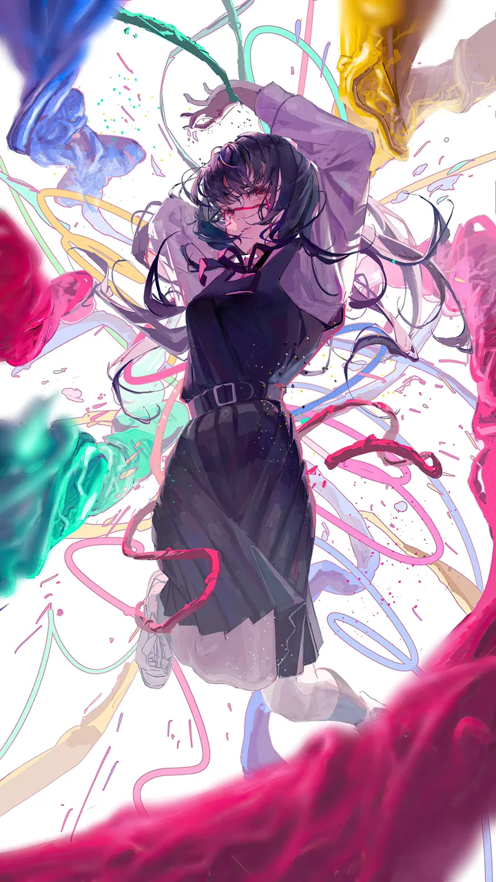 1girl,ribbon,arms_up,cross_scar,scar,bangs,solo,ringed_eyes,severed_head,collared_shirt,simple_background,school_uniform,white_background,white_shirt,white_footwear,belt,looking_at_viewer,vertical,red_eyes,pinafore_dress,spine,scar_on_face,scar_on_cheek,shirt,socks,dress,long_hair,long_sleeves,shoes,neck_ribbon,floating_hair,black_hair,black_socks,black_dress