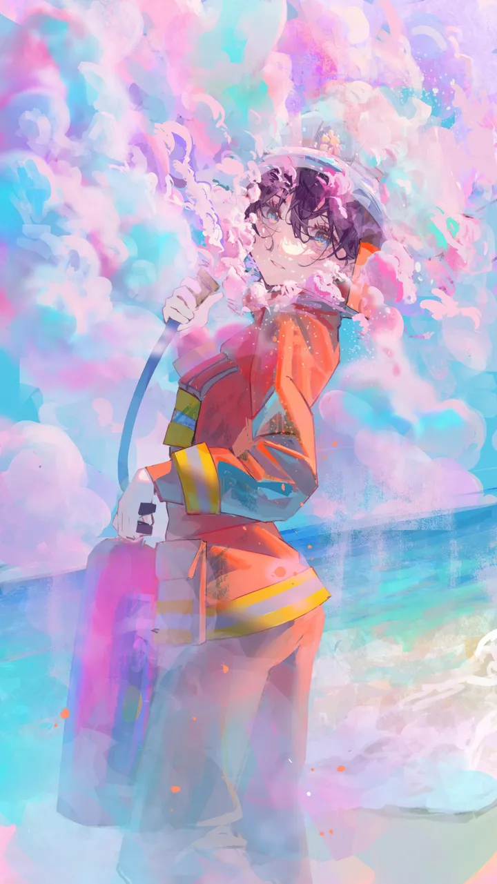 1girl,cloud,bangs,solo,cloudy_sky,sky,helmet,jacket,hair_between_eyes,parted_lips,outdoors,holding,water,day,looking_at_viewer,short_hair,vertical,standing,red_jacket,blue_sky,blue_eyes,hose,long_sleeves,black_hair