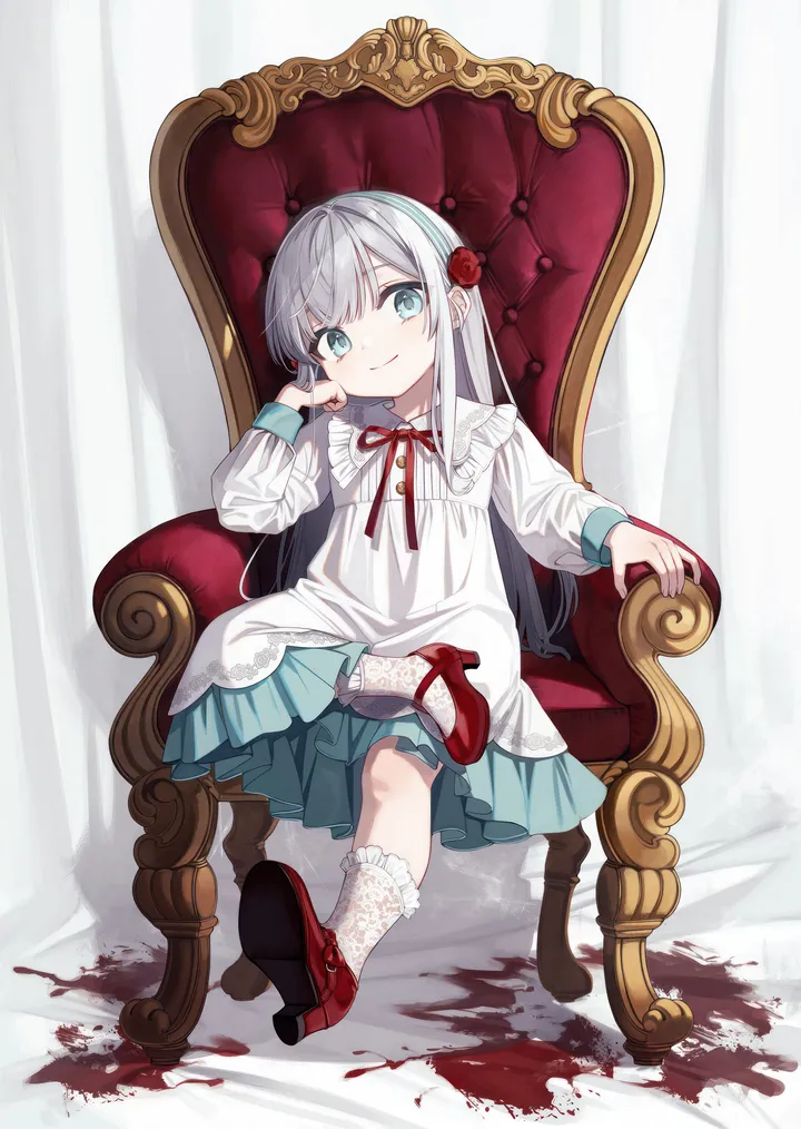 1girl,ribbon,crossed_legs,full_body,bangs,solo,hairband,closed_mouth,on_chair,sitting,hair_flower,hair_ornament,child,female_child,very_long_hair,armchair,chair,grey_hair,throne,rose,white_socks,white_dress,looking_at_viewer,vertical,smile,red_ribbon,red_flower,red_footwear,frills,blue_eyes,puffy_long_sleeves,blood,socks,dress,long_hair,long_sleeves,shoes,shoe_soles,neck_ribbon,high_heels,flower