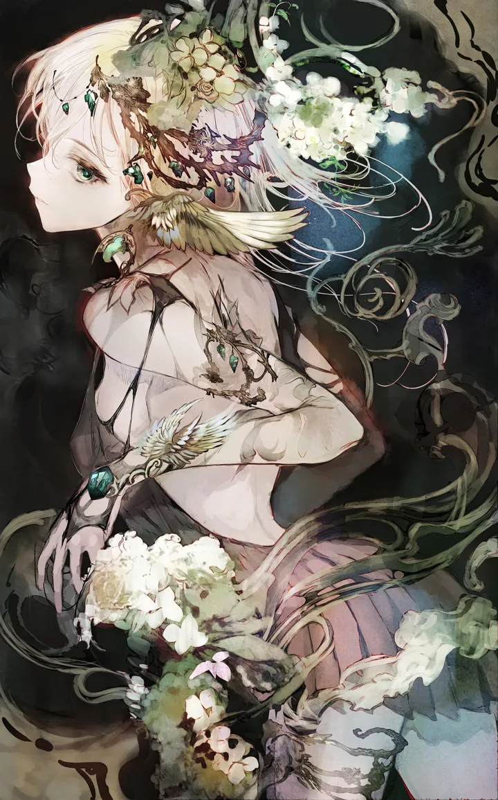 1girl,cowboy_shot,breasts,from_side,profile,solo,closed_mouth,hair_ornament,bridal_gauntlets,gem,plant,jewelry,white_hair,white_flower,pleated_skirt,looking_at_viewer,short_hair,skirt,vertical,green_eyes,blonde_hair,flower