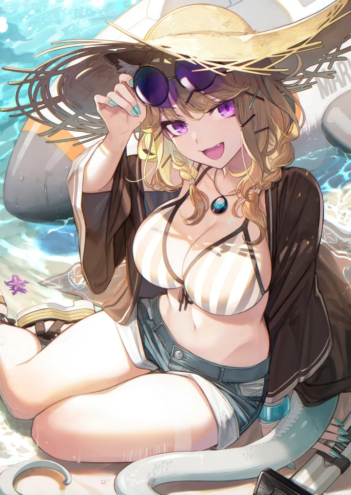 1girl,braid,twin_braids,breasts,cleavage,bikini_top_only,yokozuwari,animal_ears,bangs,solo,hairclip,sitting,sunglasses,thighs,hair_ornament,official_alternate_costume,stomach,tail,hat,open_mouth,outdoors,nail_polish,striped,striped_bikini,bikini,water,aqua_nails,swimsuit,swimsuit_cover-up,starfish,beach,denim,denim_shorts,jewelry,day,looking_at_viewer,eyewear_on_head,shorts,vertical,vertical_stripes,vertical-striped_bikini,smile,short_shorts,purple_eyes,animal_ear_fluff,navel,straw_hat,blue_nails,fang,skin_fang,open_clothes,large_breasts,blonde_hair,long_hair,necklace