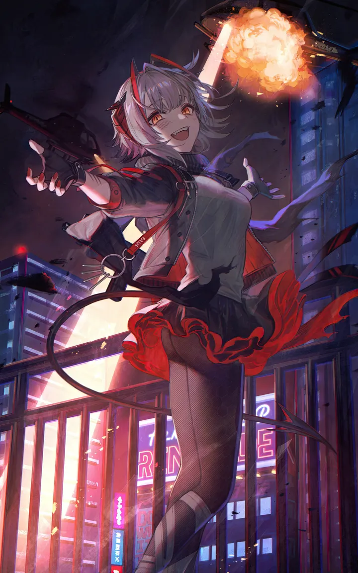 1girl,medium_breasts,breasts,outstretched_arms,bangs,solo,feet_out_of_frame,ahoge,scarf,city,night,sky,jacket,tail,ass,building,open_mouth,demon_tail,demon_horns,outdoors,gloves,holding_weapon,holding,nail_polish,fingerless_gloves,gun,orange_eyes,weapon,grey_hair,grey_shirt,explosion,looking_at_viewer,short_hair,skirt,vertical,standing,smile,red_nails,red_eyes,shirt,horns,open_jacket,open_clothes,pantyhose,miniskirt,black_scarf,black_jacket,black_gloves,black_skirt,black_pantyhose,black_footwear