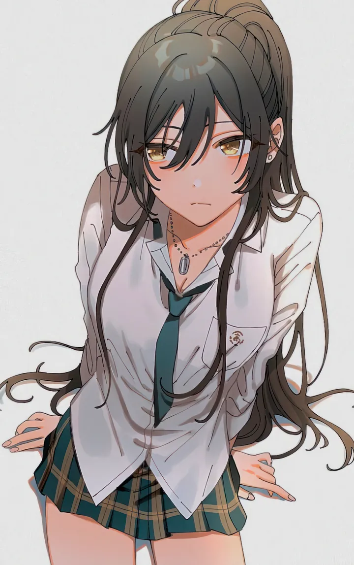 1girl,breasts,cleavage,bangs,solo,sitting,hair_between_eyes,simple_background,school_uniform,plaid,plaid_skirt,dog_tags,jewelry,white_background,white_shirt,pleated_skirt,skirt,vertical,green_skirt,green_necktie,blush,shirt,large_breasts,long_hair,necktie,ponytail,yellow_eyes,black_hair