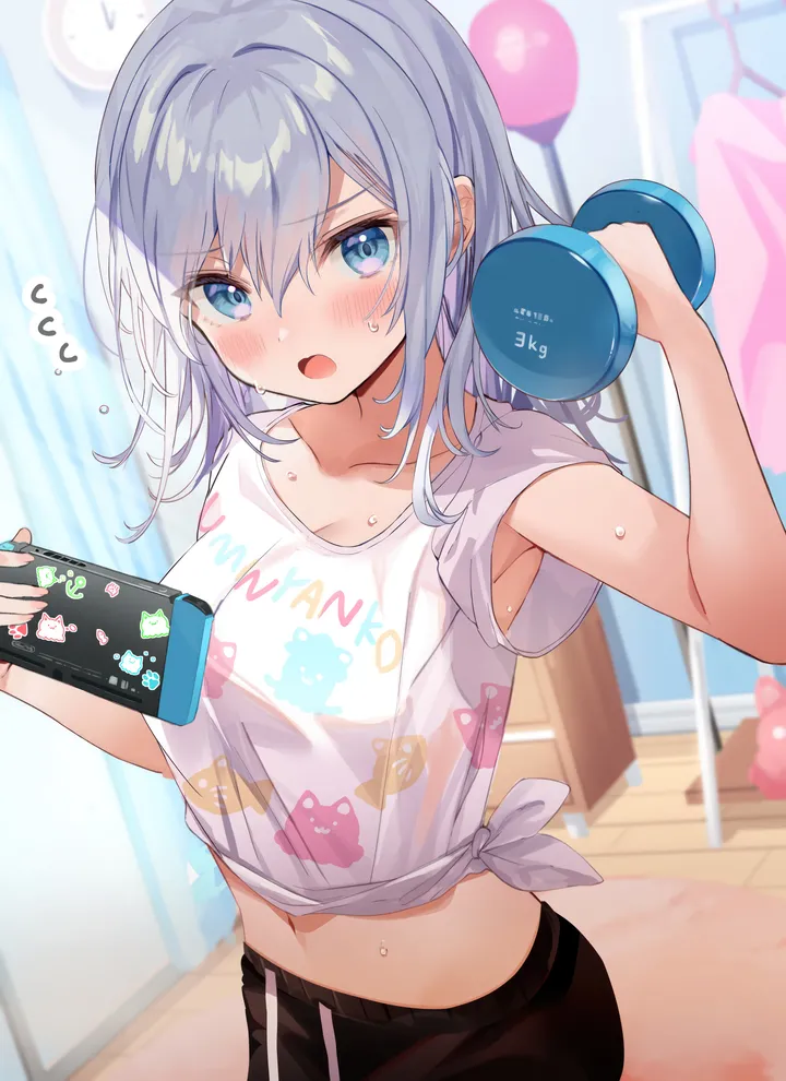 1girl,medium_breasts,arm_up,weightlifting,breasts,nintendo_switch,exercise,bangs,solo,dumbbell,indoors,stomach,armpit_peek,open_mouth,holding,clock,balloon,sweat,flying_sweatdrops,grey_hair,white_shirt,looking_at_viewer,short_sleeves,shorts,vertical,navel,blush,armpits,blue_eyes,tied_shirt,shirt,collarbone,long_hair,midriff,crop_top,black_shorts