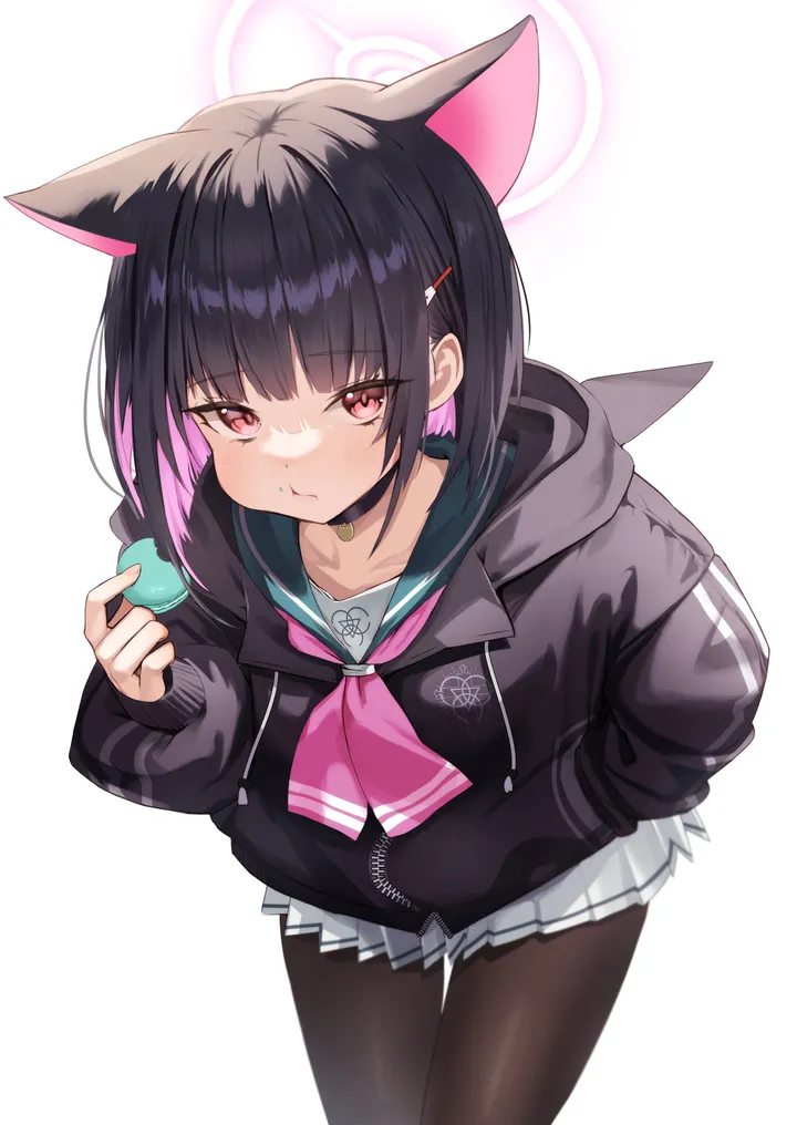 1girl,neckerchief,hood,animal_ears,colored_inner_hair,bangs,solo,two-tone_hair,hairclip,eating,multicolored_hair,halo,hair_ornament,jacket,hand_in_pocket,holding,holding_food,simple_background,brown_pantyhose,sailor_collar,hood_down,cat_ears,white_skirt,white_background,pleated_skirt,looking_at_viewer,short_hair,skirt,vertical,pink_neckerchief,pink_hair,pink_eyes,red_eyes,blush,hooded_jacket,pantyhose,miniskirt,long_sleeves,choker,food,macaron,black_hair,black_jacket,black_pantyhose,black_choker