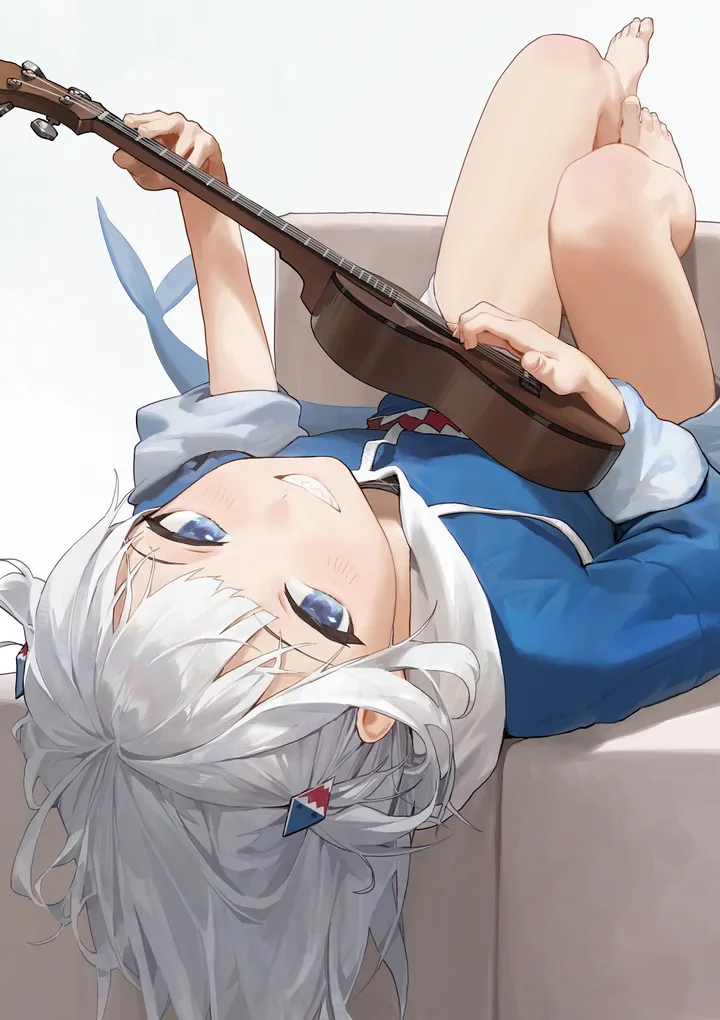 1girl,virtual_youtuber,instrument,on_back,upside-down,hood,bangs,solo,multicolored_hair,hair_ornament,two_side_up,violin,tail,holding_instrument,holding,streaked_hair,simple_background,couch,grey_hair,teeth,white_background,blunt_bangs,looking_at_viewer,vertical,smile,feet,toes,blush,blue_hair,blue_eyes,blue_hoodie,bare_legs,barefoot,lying,hoodie,long_sleeves,grin,fish_tail,shark_hair_ornament,shark_girl,shark_tail,sharp_teeth