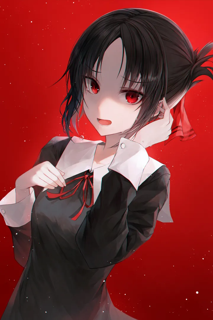 1girl,ribbon,breasts,upper_body,parted_bangs,bangs,solo,hair_ribbon,sidelocks,open_mouth,hand_on_own_chest,folded_ponytail,collared_dress,simple_background,school_uniform,looking_at_viewer,short_hair,vertical,red_ribbon,red_eyes,red_background,dress,collarbone,long_sleeves,shaded_face,neck_ribbon,black_hair,black_dress