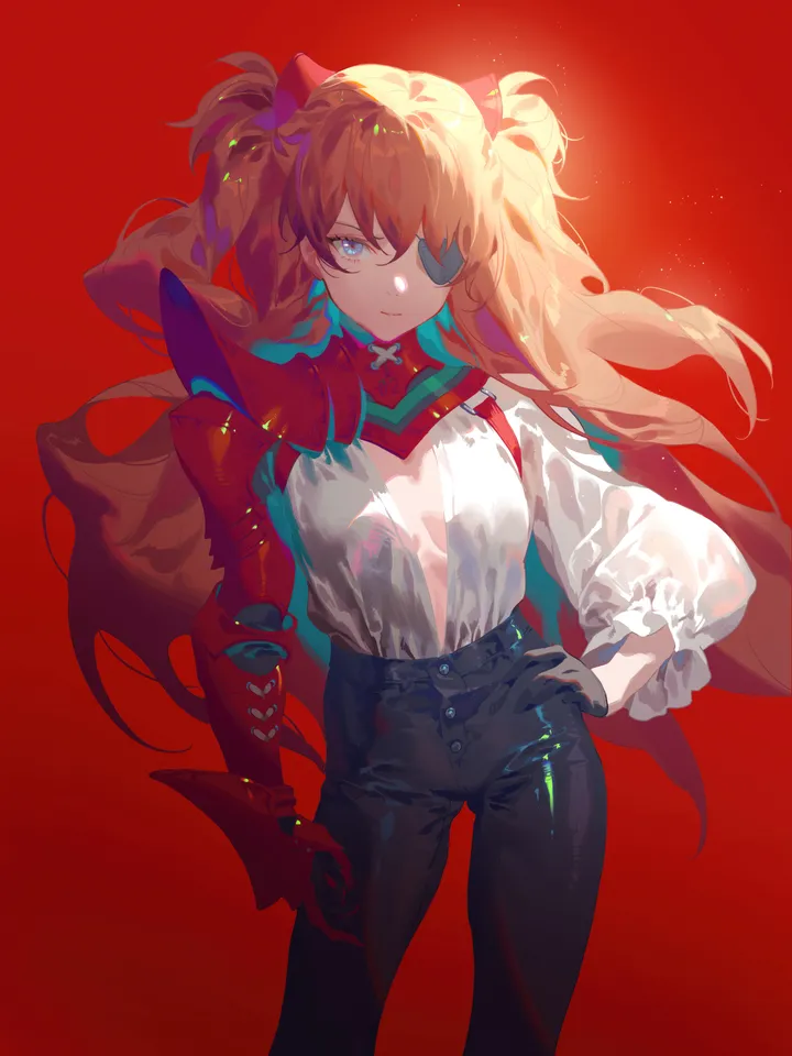 1girl,cowboy_shot,bangs,solo,hand_on_hip,closed_mouth,two_side_up,gloves,simple_background,brown_hair,orange_hair,white_shirt,looking_at_viewer,eyepatch,vertical,standing,red_background,blue_eyes,puffy_sleeves,shirt,pants,long_hair,long_sleeves,floating_hair,high-waist_pants,black_gloves,black_pants