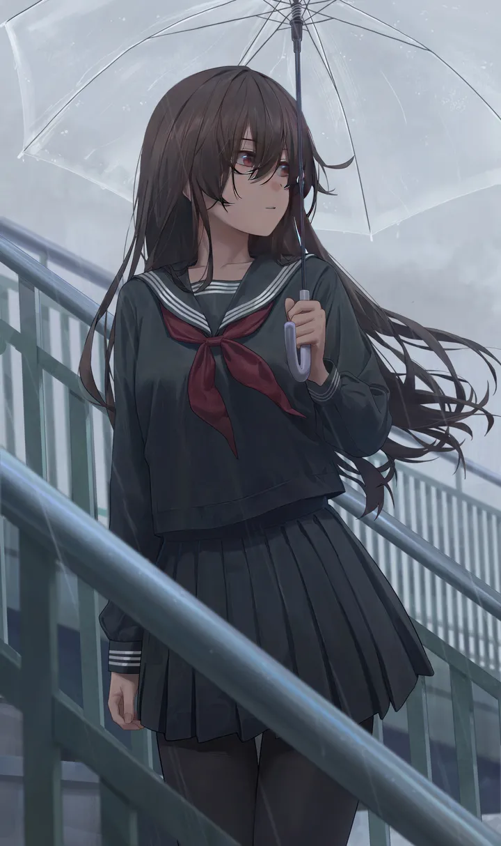 1girl,neckerchief,bangs,solo,sky,hair_between_eyes,parted_lips,outdoors,holding,holding_umbrella,railing,school_uniform,brown_hair,serafuku,sailor_collar,pleated_skirt,looking_to_the_side,skirt,looking_away,vertical,standing,red_neckerchief,red_eyes,shirt,pantyhose,transparent,transparent_umbrella,long_hair,long_sleeves,rain,umbrella,black_serafuku,black_sailor_collar,black_skirt,black_shirt,black_pantyhose