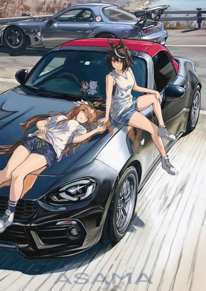 2girls,medium_breasts,breasts,on_back,animal_ears,bangs,closed_eyes,two-tone_hair,ground_vehicle,multiple_girls,multicolored_hair,tail,outdoors,streaked_hair,tank_top,motor_vehicle,brown_hair,car,white_shirt,white_footwear,sleeping,short_hair,shorts,vertical,red_eyes,blue_shorts,shirt,sports_car,lying,vehicle_focus,sneakers,long_hair,shoes,horse_girl,horse_tail,horse_ears,black_hair