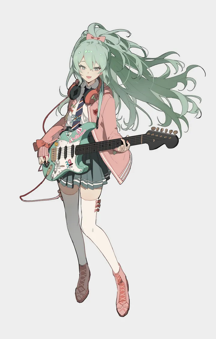 1girl,asymmetrical_legwear,instrument,full_body,bangs,solo,guitar,headphones,jacket,hair_between_eyes,open_mouth,very_long_hair,plectrum,holding_instrument,holding,fingernails,collared_shirt,simple_background,striped,striped_necktie,brown_footwear,aqua_hair,aqua_eyes,playing_instrument,electric_guitar,white_background,white_thighhighs,pleated_skirt,looking_at_viewer,skirt,vertical,standing,smile,pink_jacket,pink_bow,zettai_ryouiki,green_hair,headphones_around_neck,bow,hair_bow,shirt,open_jacket,open_clothes,thighhighs,long_hair,long_sleeves,boots,alternate_hairstyle,shoes,music,necktie,floating_hair,black_skirt