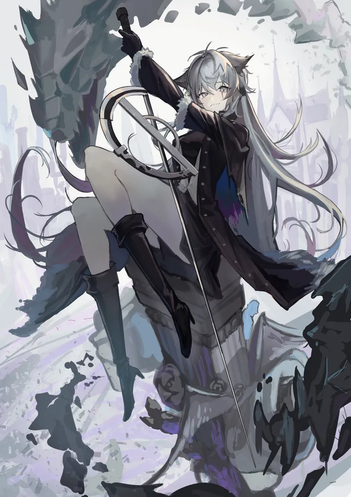 1girl,scar,full_body,animal_ears,bangs,sword,solo,hairclip,sitting,coat,hair_ornament,jacket,official_alternate_costume,very_long_hair,gloves,holding_sword,holding_weapon,holding,open_coat,weapon,fur_trim,grey_hair,grey_eyes,wolf_ears,looking_at_viewer,scar_across_eye,vertical,smile,scar_on_face,open_clothes,dress,long_hair,long_sleeves,boots,statue,high_heel_boots,high_heels,black_coat,black_jacket,black_gloves,black_dress,black_footwear