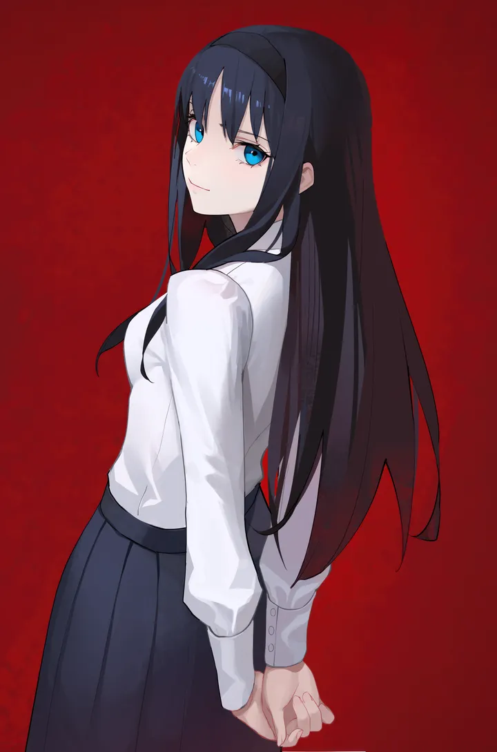 1girl,breasts,bangs,solo,arms_behind_back,hairband,closed_mouth,looking_back,sidelocks,shiny_hair,simple_background,white_shirt,pleated_skirt,looking_at_viewer,skirt,vertical,smile,red_background,blue_eyes,shirt,small_breasts,long_hair,long_sleeves,black_hairband,black_hair,black_skirt