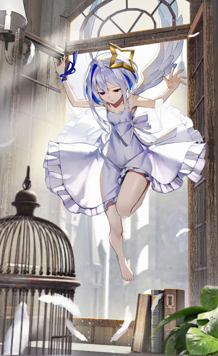 1girl,virtual_youtuber,asymmetrical_hair,ribbon,full_body,colored_inner_hair,bangs,solo,single_hair_intake,multicolored_hair,angel,halo,angel_wings,indoors,streaked_hair,sleeveless,sleeveless_dress,star_halo,plant,grey_hair,white_hair,white_dress,picture_frame,short_hair,alternate_costume,window,vertical,cage,wrist_ribbon,purple_eyes,feathers,feathered_wings,wings,frills,frilled_dress,blue_ribbon,blue_hair,blue_eyes,bare_legs,bare_arms,barefoot,dress,bare_shoulders,birdcage