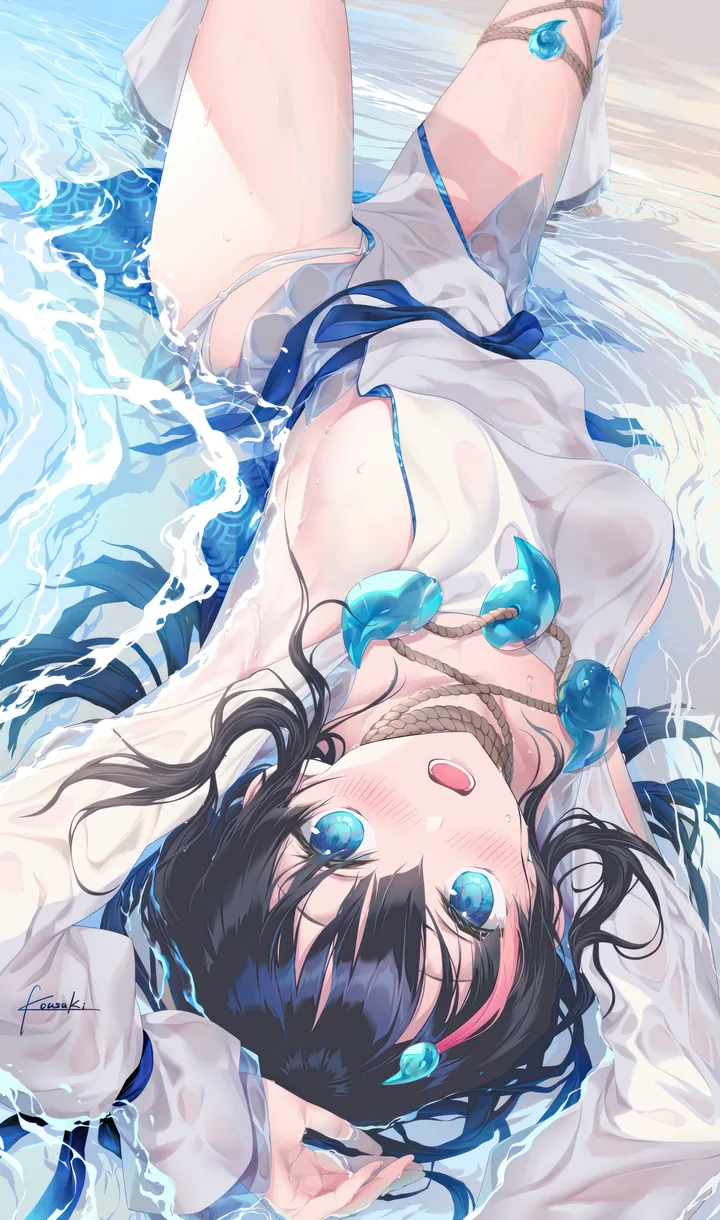 1girl,ribbon,medium_hair,arms_up,breasts,on_back,sideboob,sideless_outfit,fundoshi,bangs,magatama,solo,multicolored_hair,thighs,sidelocks,open_mouth,knees_up,streaked_hair,pelvic_curtain,japanese_clothes,water,jewelry,white_dress,looking_at_viewer,vertical,smile,pink_hair,blush,armpits,blue_ribbon,blue_eyes,puffy_sleeves,puffy_long_sleeves,wet_clothes,wet,lying,large_breasts,short_dress,dress,collarbone,long_sleeves,bare_shoulders,seigaiha,necklace,black_hair