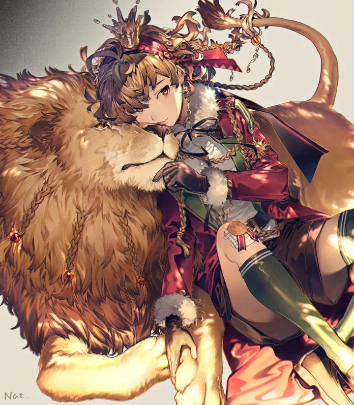 1girl,braid,ribbon,twin_braids,bangs,animal,solo,kneehighs,closed_mouth,sitting,hair_ornament,jacket,gloves,brown_hair,brown_eyes,brown_shorts,fur_trim,lion,jewelry,white_shirt,crown,belt,looking_at_viewer,shorts,vertical,smile,red_coat,red_jacket,earrings,shirt,socks,long_hair,long_sleeves,shoes,black_gloves,black_shorts