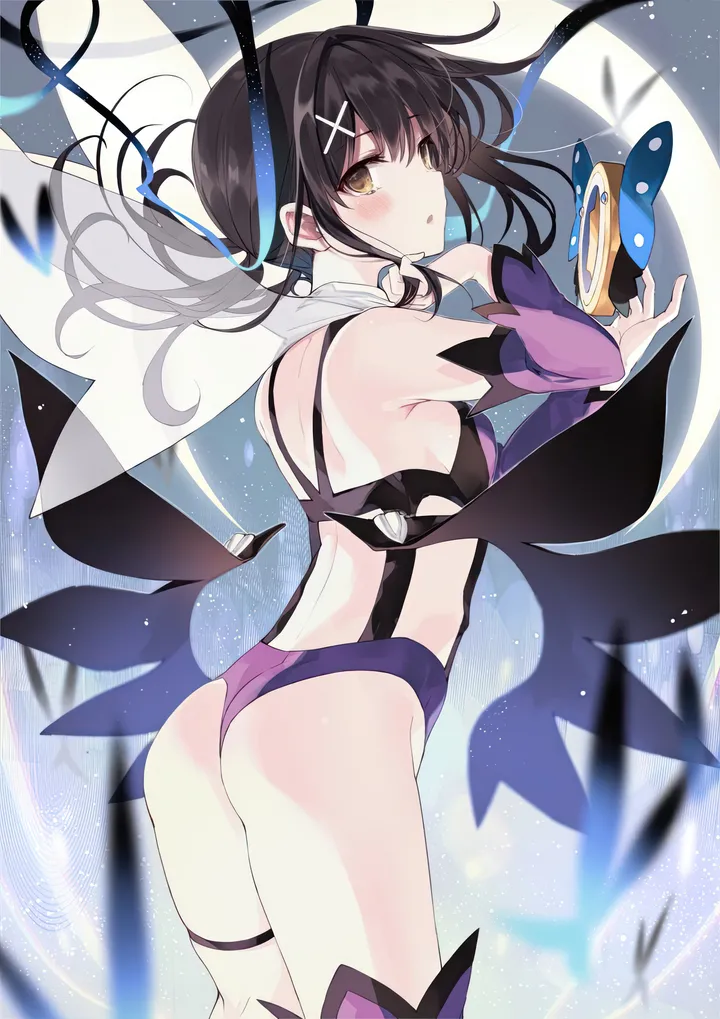 1girl,x_hair_ornament,detached_sleeves,breasts,bangs,solo,twintails,hairclip,back,looking_back,thighs,thigh_strap,hair_ornament,ass,parted_lips,cape,holding,brown_eyes,looking_at_viewer,vertical,leotard,purple_leotard,feathers,from_behind,blush,small_breasts,thighhighs,long_hair,bare_shoulders,magical_girl,black_hair