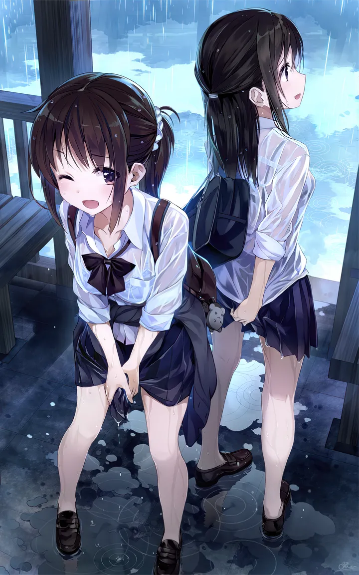 2girls,loafers,school_bag,breasts,half_updo,underwear,bangs,bag,see-through,backpack,multiple_girls,hair_scrunchie,hair_ornament,sidelocks,open_mouth,outdoors,scrunchie,wringing_clothes,collared_shirt,school_uniform,brown_hair,brown_eyes,water,no_socks,ripples,white_shirt,pleated_skirt,skirt,vertical,standing,smile,purple_eyes,bag_charm,bra,blush,blue_skirt,blue_bra,bow,clothes_around_waist,shirt,wet_clothes,wet_shirt,wet,charm_object,collarbone,bench,long_hair,one_eye_closed,rain,shoes,bowtie,ponytail,black_hair,black_skirt,black_bow,black_bowtie