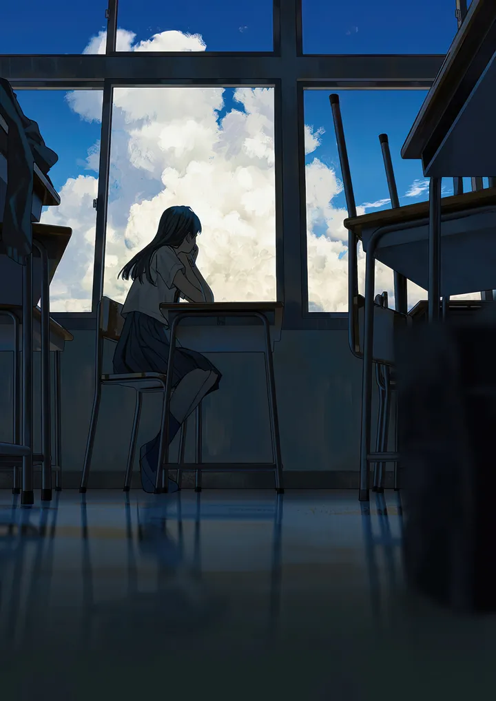 1girl,desk,cloud,solo,reflection,sitting,cloudy_sky,sky,indoors,head_rest,classroom,school_uniform,chair,serafuku,sailor_collar,day,white_shirt,pleated_skirt,short_sleeves,skirt,window,vertical,blue_sky,blue_skirt,shirt,socks,school_desk,school_chair,long_hair,scenery,black_hair,black_skirt,black_socks