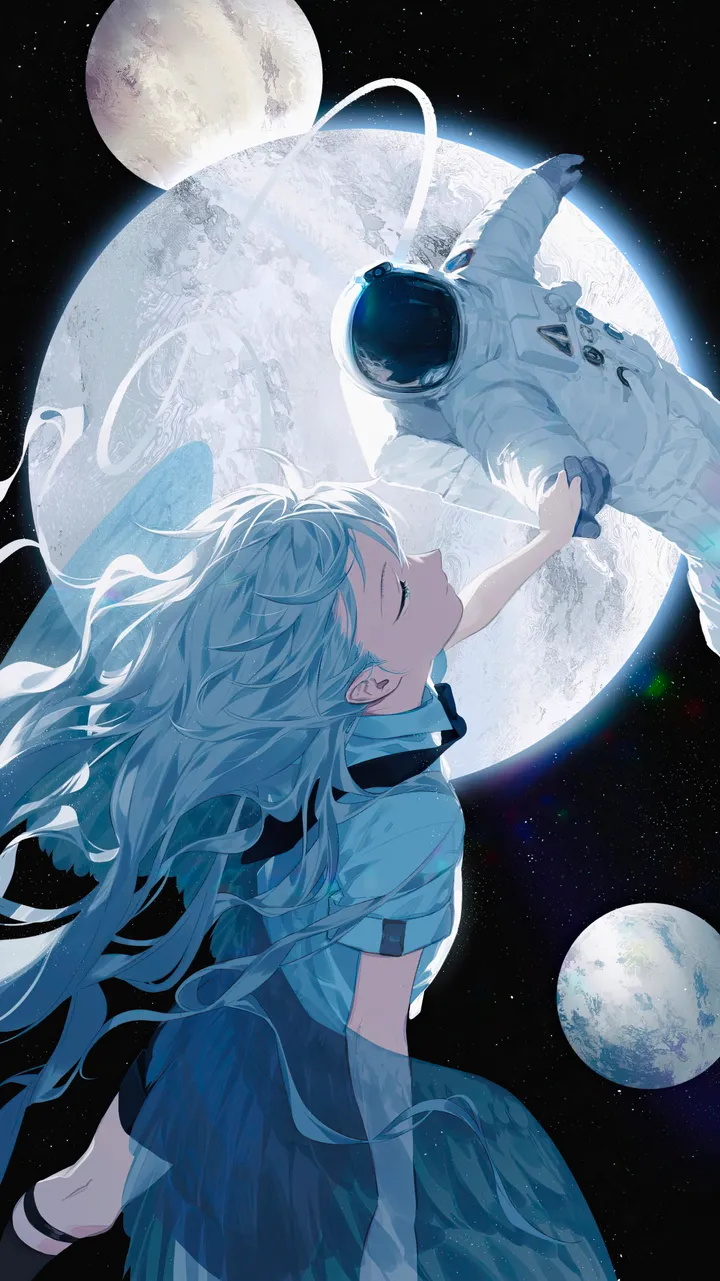 1girl,profile,kneehighs,closed_eyes,sky,space_helmet,helmet,space,astronaut,spacesuit,very_long_hair,gloves,star_sky,starry_sky,moon,full_moon,floating,white_hair,white_shirt,pleated_skirt,short_sleeves,skirt,vertical,blue_skirt,planet,shirt,socks,long_hair,floating_hair