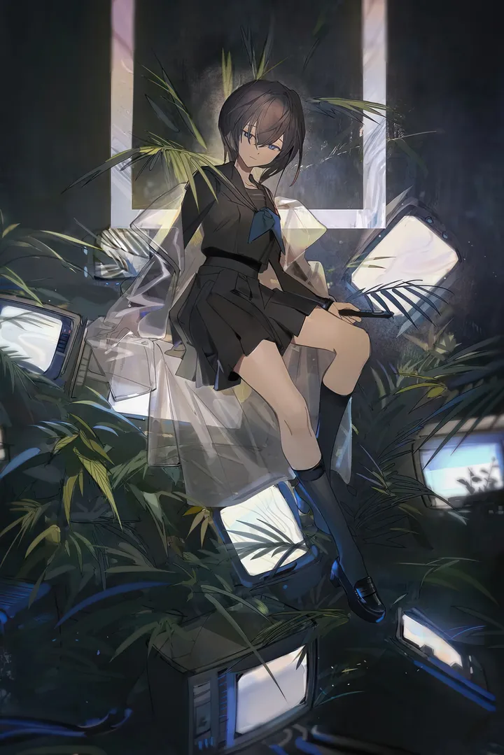 1girl,neckerchief,loafers,full_body,bangs,solo,kneehighs,closed_mouth,sitting,hair_between_eyes,monitor,school_uniform,brown_hair,plant,serafuku,sailor_collar,pleated_skirt,looking_at_viewer,short_hair,skirt,vertical,blue_neckerchief,blue_eyes,shirt,socks,computer,long_sleeves,shoes,black_hair,black_serafuku,black_sailor_collar,black_skirt,black_shirt,black_socks,black_footwear