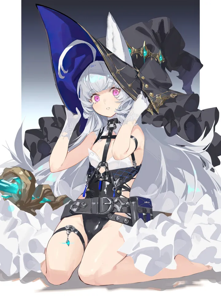 1girl,breasts,animal_ears,bangs,solo,hands_up,hands_on_headwear,ahoge,sitting,thigh_strap,witch_hat,hat,very_long_hair,parted_lips,gloves,ears_through_headwear,staff,gradient,gradient_background,grey_hair,white_hair,white_gloves,belt,looking_at_viewer,vertical,pink_eyes,leotard,purple_eyes,frills,barefoot,small_breasts,long_hair,bare_shoulders,wariza,black_headwear,black_belt,black_leotard