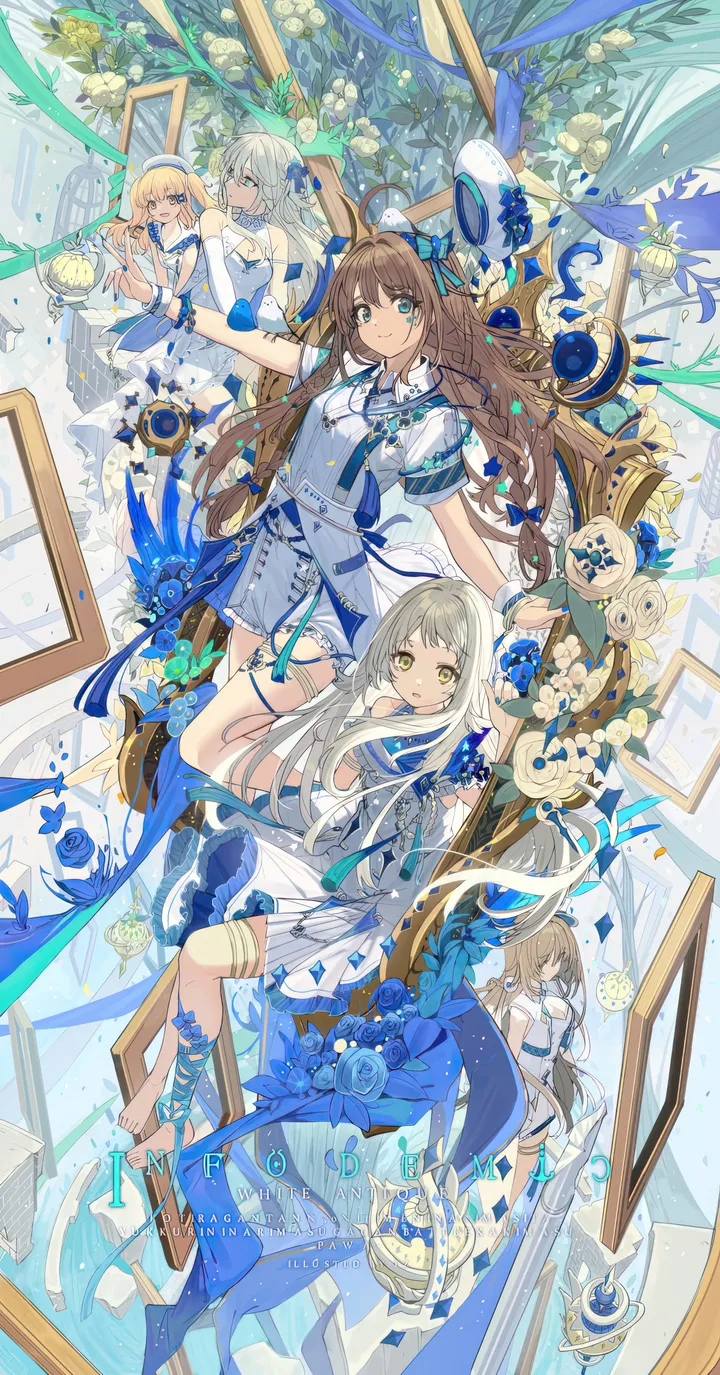 5girls,braid,ribbon,full_body,bangs,ahoge,closed_mouth,sitting,multiple_girls,hair_ornament,holding,brown_hair,grey_hair,rose,white_dress,picture_frame,looking_at_viewer,short_sleeves,shorts,vertical,smile,leg_ribbon,blue_ribbon,blue_eyes,blue_flower,bow,barefoot,dress,blonde_hair,long_hair,high_heels,flower,yellow_eyes