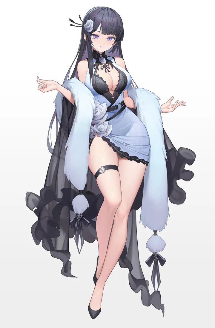 1girl,breasts,cleavage,full_body,bangs,solo,closed_mouth,thighs,thigh_strap,hair_flower,hair_ornament,very_long_hair,shawl,sleeveless,sleeveless_dress,simple_background,white_background,white_flower,belt,looking_at_viewer,vertical,standing,purple_eyes,blue_dress,clothing_cutout,bare_legs,large_breasts,dress,long_hair,bare_shoulders,flower,black_hair,black_footwear