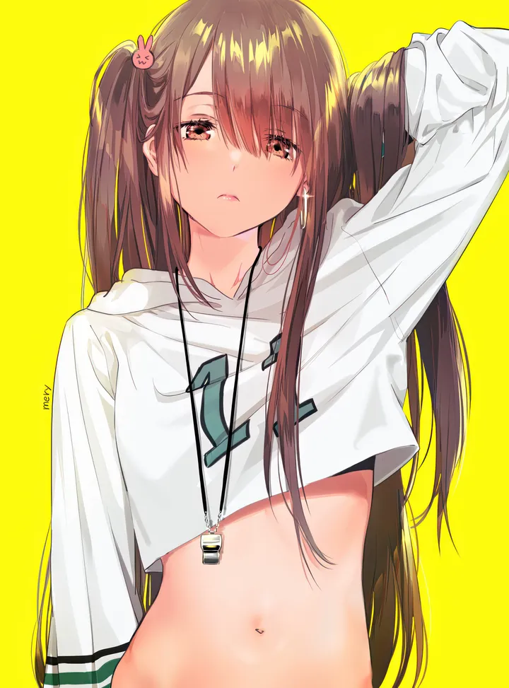 1girl,arm_up,crop_top_overhang,upper_body,artist_name,hood,bangs,solo,clothes_writing,one_side_up,hair_ornament,stomach,hair_between_eyes,simple_background,brown_hair,brown_eyes,head_tilt,hood_down,jewelry,white_hoodie,looking_at_viewer,vertical,signature,navel,drawstring,hoodie,long_hair,long_sleeves,midriff,crop_top,yellow_background