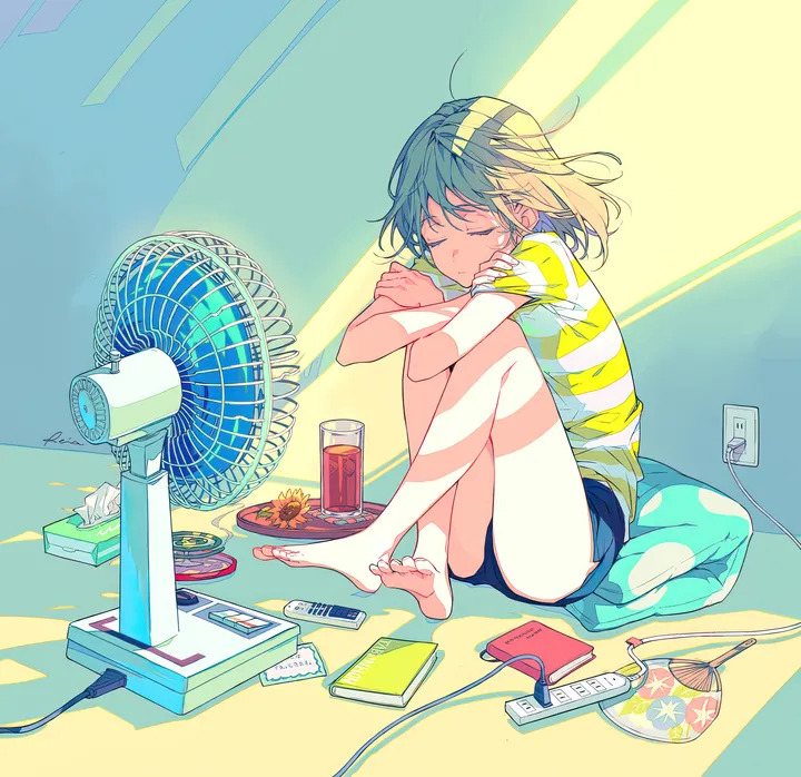 1girl,crossed_arms,solo,closed_eyes,sitting,hand_fan,earphones,striped,striped_shirt,pillow,electrical_outlet,electric_fan,short_hair,short_sleeves,shorts,vertical,short_shorts,tissue_box,cable,blue_shorts,shirt,bare_legs,barefoot,blonde_hair,food