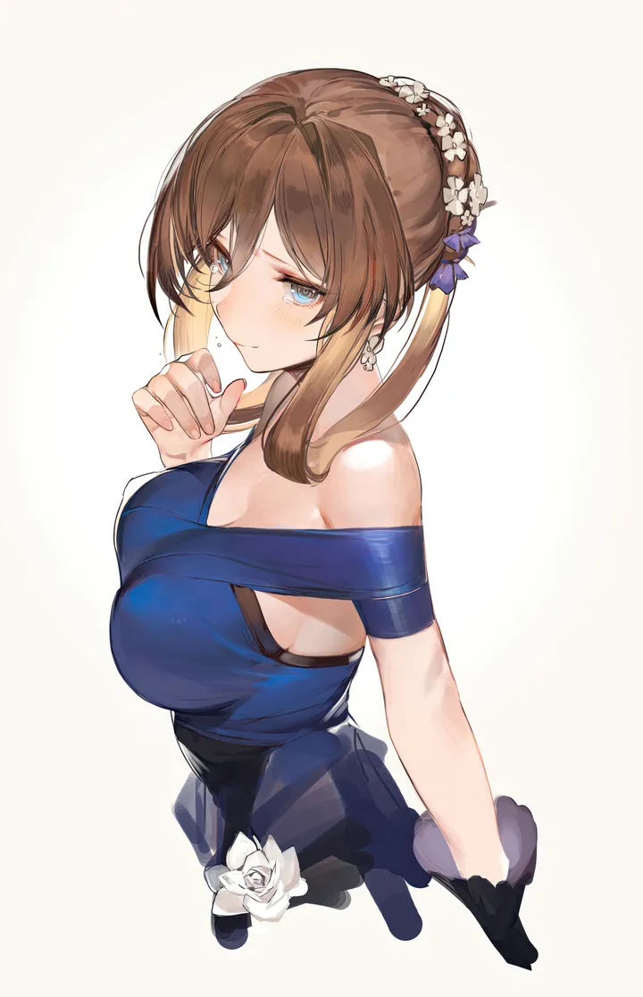 1girl,breasts,cleavage,upper_body,from_above,bangs,solo,closed_mouth,hair_flower,hair_ornament,sidelocks,official_alternate_costume,hair_between_eyes,gloves,hand_up,simple_background,brown_hair,jewelry,white_background,white_flower,looking_at_viewer,vertical,smile,earrings,blush,blue_eyes,blue_dress,large_breasts,dress,long_hair,bare_shoulders,off_shoulder,hair_rings,flower,black_gloves