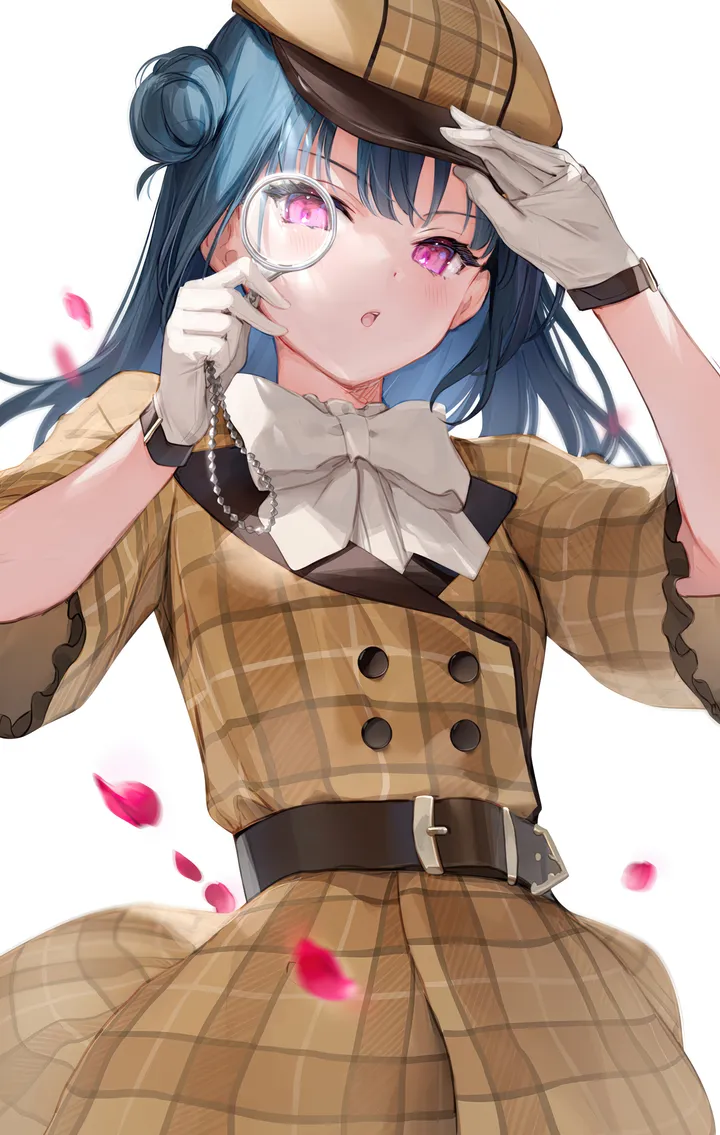 1girl,detective,bangs,solo,single_hair_bun,monocle,hair_bun,single_side_bun,hat,open_mouth,parted_lips,gloves,hand_on_headwear,holding,simple_background,plaid,plaid_dress,brown_headwear,brown_dress,white_gloves,white_background,white_bow,belt,looking_at_viewer,short_sleeves,vertical,pink_eyes,purple_eyes,blush,plaid_headwear,petals,blue_hair,bow,adjusting_headwear,dress,long_hair,bowtie,black_belt