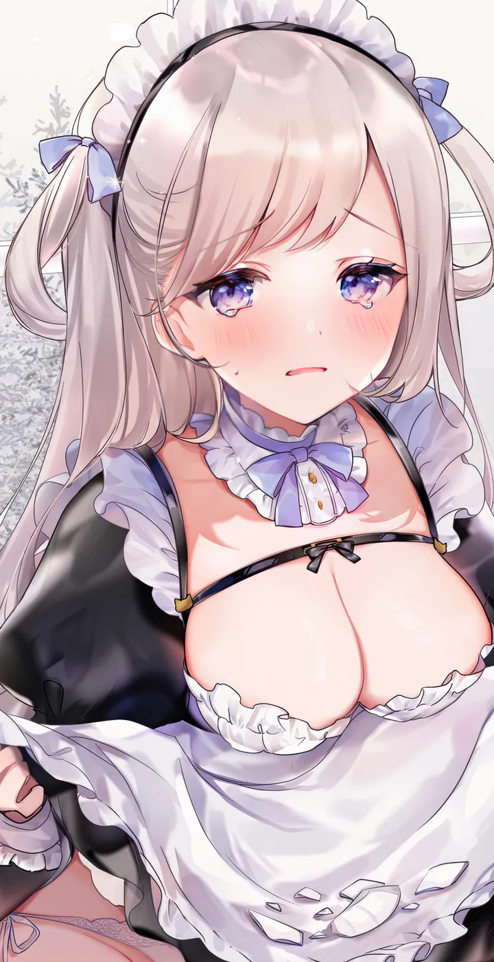 1girl,breasts,cleavage,side-tie_panties,underwear,panties,bangs,solo,apron,maid,maid_apron,maid_headdress,two_side_up,parted_lips,lifted_by_self,dress_lift,clothes_lift,white_panties,white_apron,looking_at_viewer,short_sleeves,vertical,purple_eyes,blush,frills,blue_eyes,puffy_sleeves,bow,large_breasts,dress,long_hair,detached_collar,black_dress