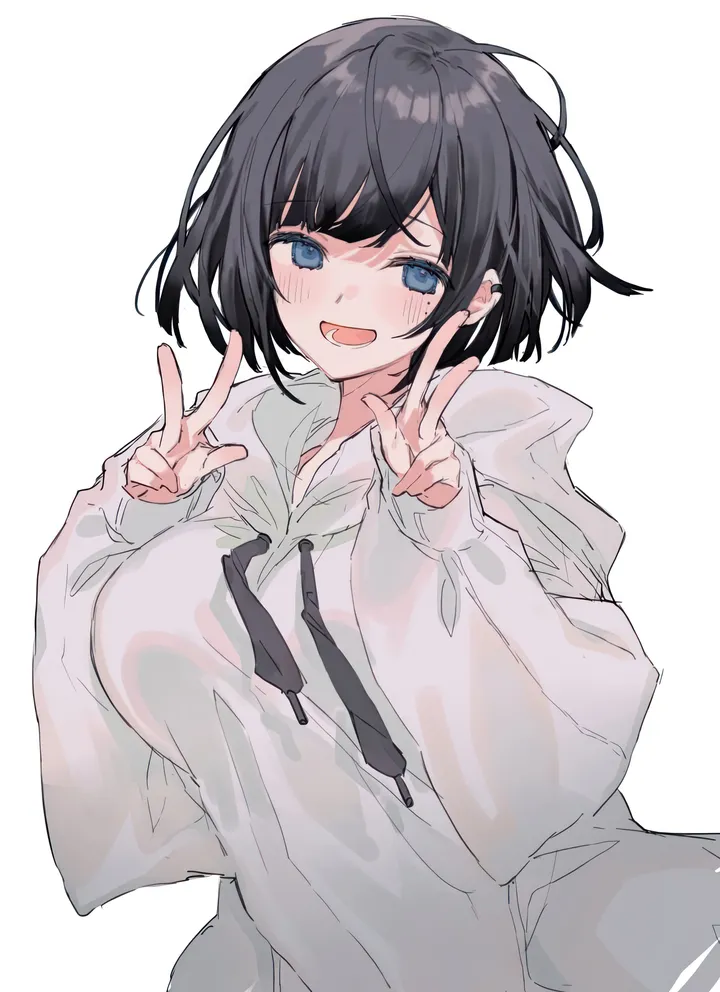 1girl,breasts,upper_body,hood,bangs,solo,hands_up,double_v,open_mouth,simple_background,v,hood_down,white_background,white_hoodie,looking_at_viewer,short_hair,vertical,smile,blush,blue_eyes,drawstring,large_breasts,hoodie,long_sleeves,black_hair