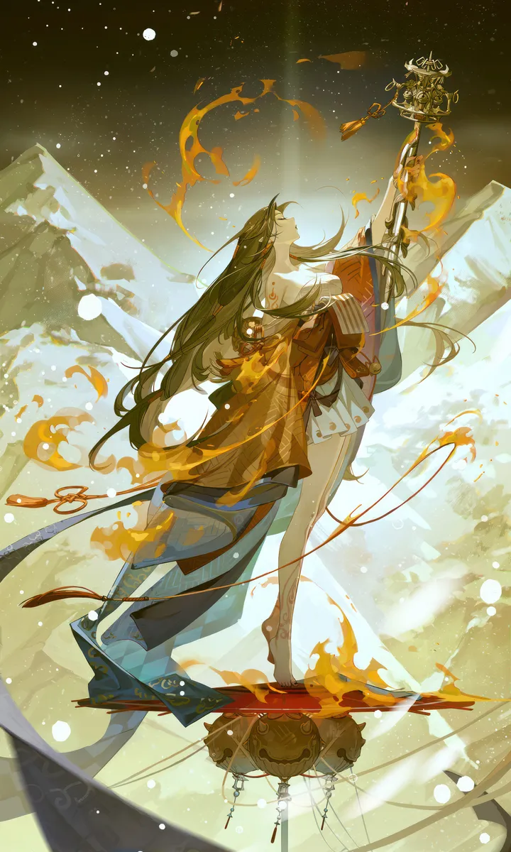 1girl,looking_up,from_side,full_body,solo,closed_eyes,sky,mountain,very_long_hair,outdoors,holding_staff,holding,japanese_clothes,staff,brown_hair,tassel,fire,jewelry,vertical,standing,bare_legs,barefoot,dress,long_hair,long_sleeves