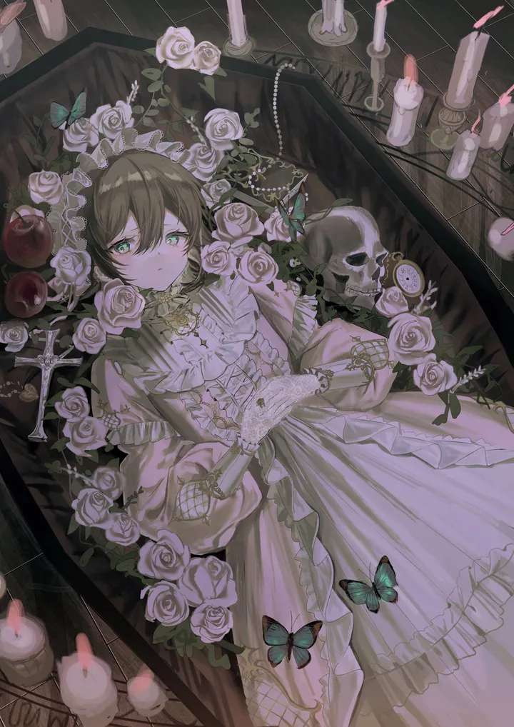 1girl,on_back,bangs,solo,own_hands_together,hair_between_eyes,gloves,brown_hair,coffin,fruit,lolita_fashion,fishnets,fire,candlestand,rose,pearl_necklace,jewelry,white_rose,white_flower,looking_at_viewer,short_hair,vertical,pink_dress,green_eyes,watch,frills,blue_butterfly,puffy_sleeves,lace_gloves,bug,candle,butterfly,lying,dress,long_sleeves,necklace,food,skull,fishnet_gloves,flower