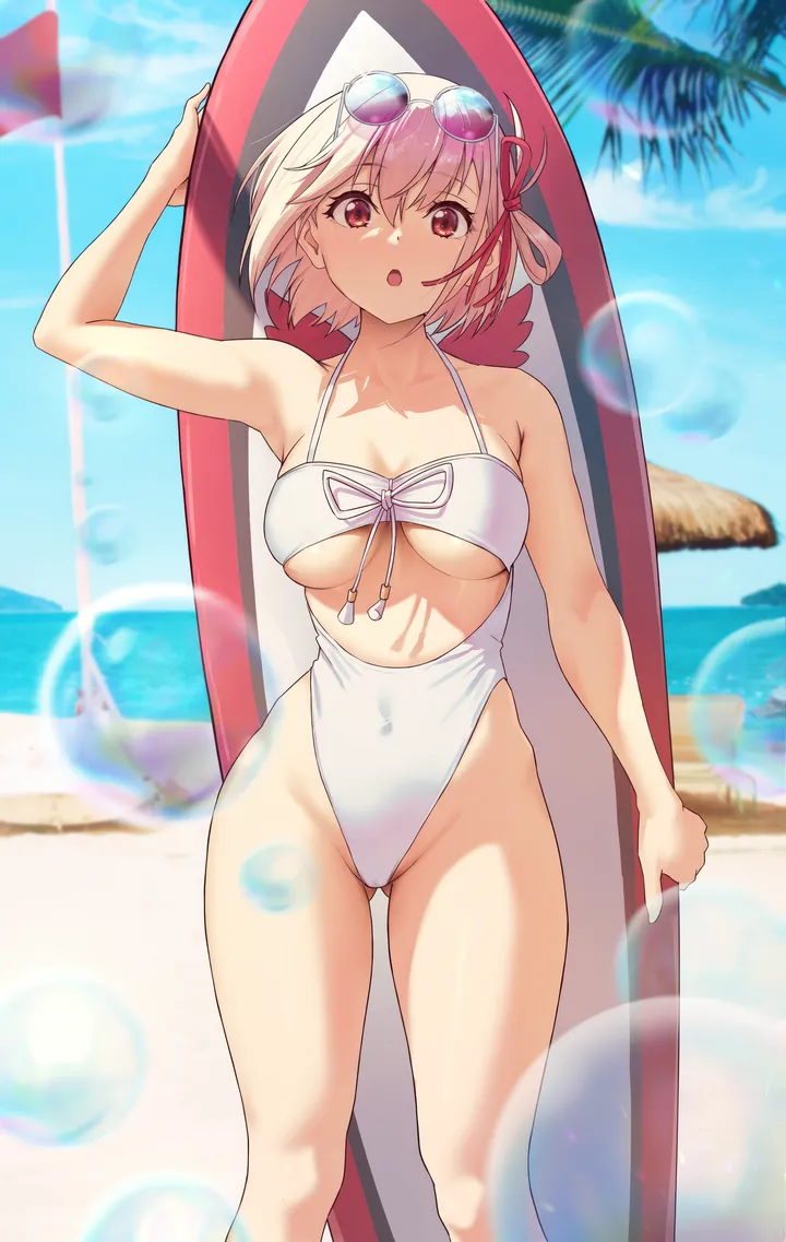 1girl,one-piece_swimsuit,underboob,ribbon,arm_up,breasts,cleavage,cloud,surfboard,bangs,solo,sunglasses,thighs,sky,hair_ribbon,open_mouth,outdoors,holding,tree,palm_tree,ass_visible_through_thighs,bikini,water,beach_chair,bob_cut,swimsuit,ocean,beach,day,white_one-piece_swimsuit,looking_at_viewer,eyewear_on_head,short_hair,vertical,red_ribbon,red_eyes,blue_sky,large_breasts,blonde_hair,collarbone,covered_navel,highleg_swimsuit,highleg